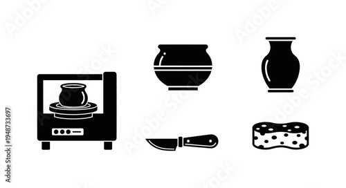 A collection of pottery crafting tools and equipment including a kiln, vase, bowl, knife, and sponge, symbolizing creative art and handmade ceramics