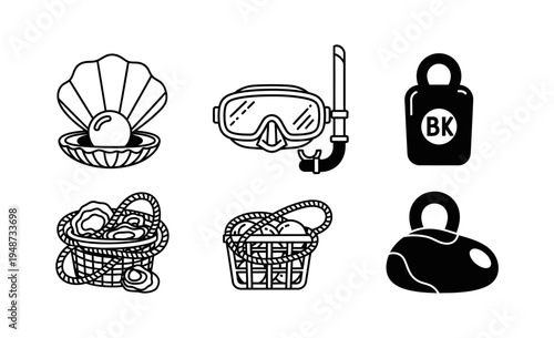 Collection of nautical and outdoor activity icons, including a pearl in a shell, diving mask, and basket with rope