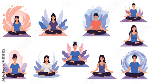 Collection of diverse people practicing various yoga and meditation poses for wellness, mindfulness, and physical health activities.