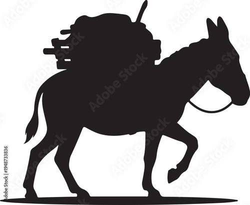 Black Silhouette of a Loaded Pack Donkey Carrying Goods on White