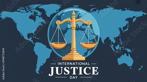 International justice day concept with scales of justice on a world map background symbolizing global fairness and law