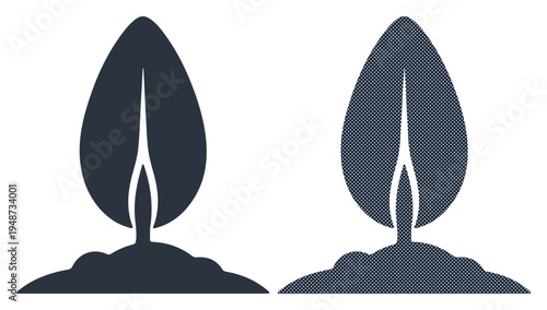 Two simple graphic trees sprout from dark soil, representing growth and nature