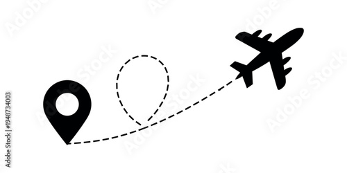 Black airplane flying away from location pin with dotted line flight path travel
