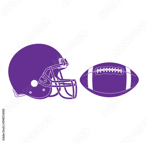 American football helmet and ball in purple color  sports equipment illustration