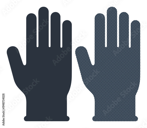 Pair of dark blue protective gloves for hands, one solid and one patterned