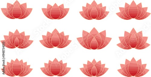 Red Lotus Flower Icon Set with Layered Petals Sacred Asian Water Lily Symbol Collection for Yoga, Meditation, Spiritual and Wellness Design