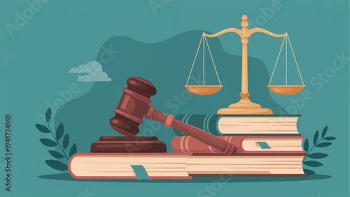 Law books gavel and scales of justice on a desk symbolizing legal judgment and order in a professional setting with a green background