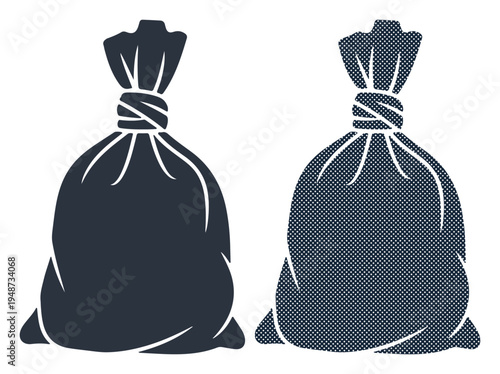 Two tied garbage bags, one solid and one with a patterned texture, on a white background