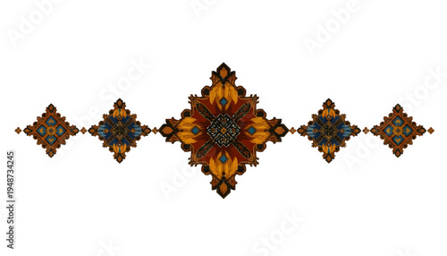 Viewing five diamond-shaped mandalas aligned horizontally on a clean white backdrop, captured as a serene still‑life illustration