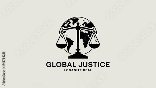 Global justice concept with scales and earth logo on gray background symbolizing fairness and equality worldwide