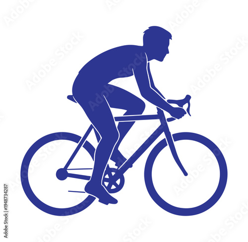 Blue silhouette of a man riding a bicycle in a dynamic pose on white background