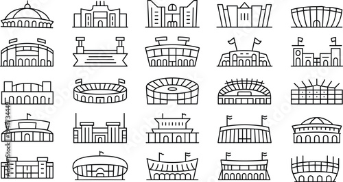 Stadium icon silhouette collection, sports arena architectural design, coliseum dome illustration set, modern building artwork concept, cad drawing flat vector illustration