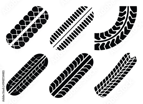 Collection of Six Black Tire Tread Patterns on White Background