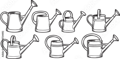 Eight distinct watering cans illustrated in a vintage style Vector