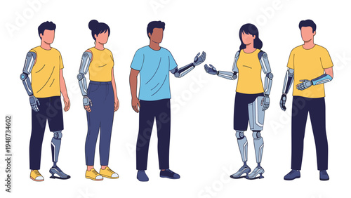 Group of diverse people with advanced bionic prosthetic limbs stands together representing inclusivity and medical technology.