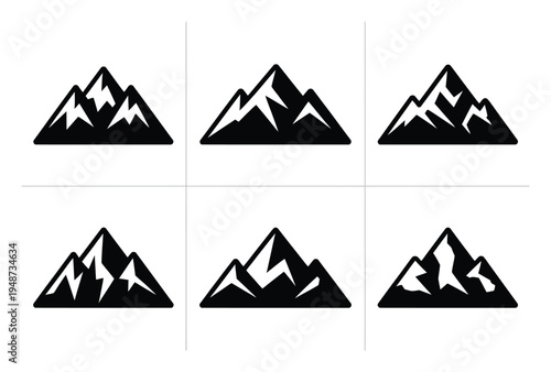 Collection of Six Stylized Black Mountain on White Background
