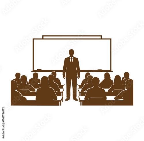 Brown silhouette of a man in a suit standing in front of a classroom with students sitting at desks