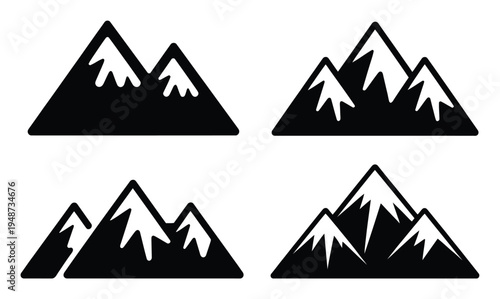 Collection of stylized black and white mountain with snow caps