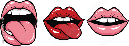 Sexy lips illustration set, female mouth with tongue, glossy red lips icons, sensual pop art style vector collection