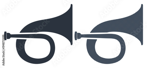 Simple graphic icons of two bugle horns on a white background