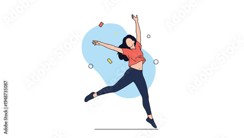 Energetic young woman jumps joyfully in the air with her arms outstretched against a playful abstract background design.