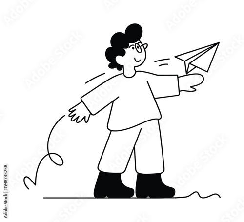 A cheerful person in glasses launches a paper airplane with a playful trail