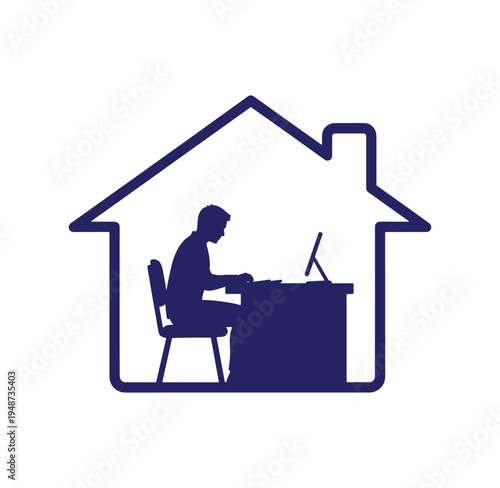 Man working on laptop computer at home office desk in house silhouette