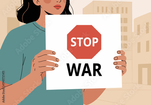 A young Asian woman holds a 'Stop War' placard against a city backdrop. Bold, impactful design. Suitable for social justice campaigns and peace advocacy.
