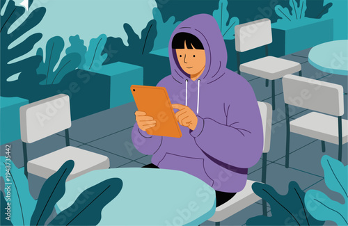 A young Asian woman uses a tablet outdoors, seated at a cafe table with chairs. Modern, digital nomad lifestyle illustration. Cool tones, minimalist style.