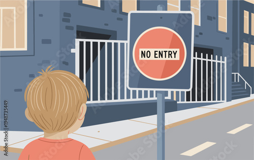 A young boy gazes at a ?Child War Zone? sign, conveying a poignant sense of exclusion. The illustration uses a bold, graphic style with a muted color palette, ideal for emotional storytelling.