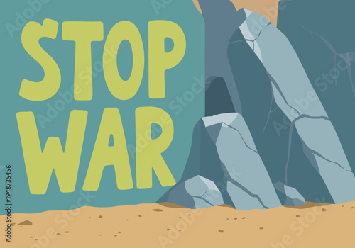 Bold 'STOP WAR' graffiti against a stark, ruined cityscape backdrop. A powerful visual statement. Modern, graphic style.