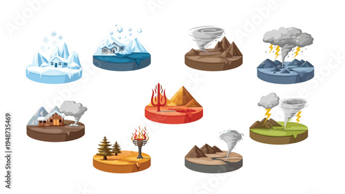 Set of isometric natural disaster and weather icons shows tornadoes, thunderstorms, blizzards, and fires on isolated terrains.