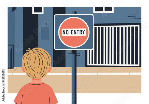 A young boy gazes at a ?No Entry ? Child Zone? sign, conveying a sense of restriction and longing. Clean, graphic illustration with a muted color palette.