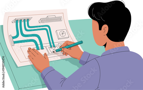 A young Asian man sketches a ventilation design plan, focused and detailed. He?s wearing a purple shirt and working on a blueprint. Professional, technical, and creative.