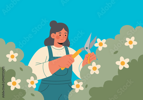A woman carefully prunes flowers with garden shears. A cheerful scene of garden maintenance and springtime beauty. Perfect for lifestyle and gardening themes.