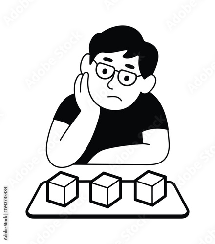 Bored person with glasses contemplating three cubes on a tray