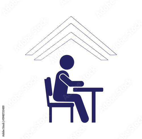 Person sitting at desk under roof icon symbolizing home office or workspace