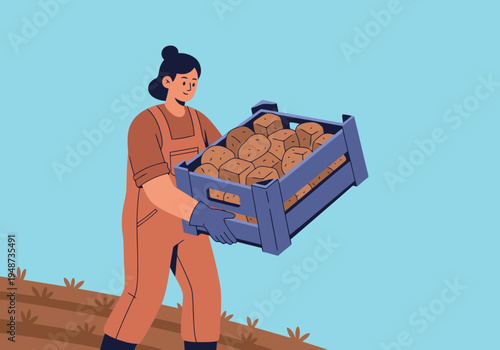 A woman carries a crate of potatoes in a field, representing agricultural labor. Warm tones and a simple, modern illustration style.