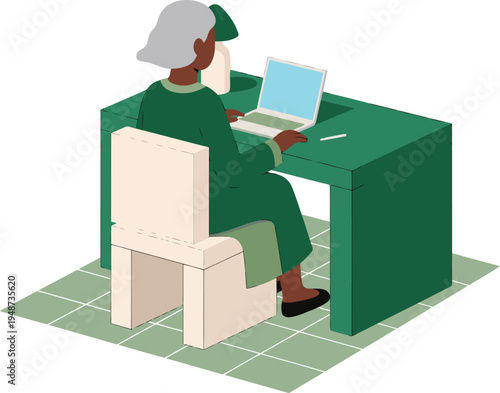 An elderly Black freelancer works on a laptop in a modern, eco-friendly office. Focused, professional, and utilizing sustainable design elements.