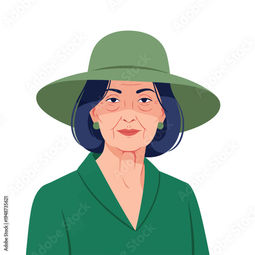 Elegant senior woman in a sophisticated green monochromatic outfit and hat.  Classic high fashion portrait, showcasing timeless style and grace.  Professional and refined.