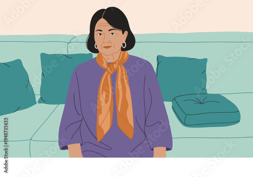 Elegant senior woman sits on a sofa, wearing a silk scarf and a purple shirt. She exudes sophistication and grace. A calming, stylish portrait.