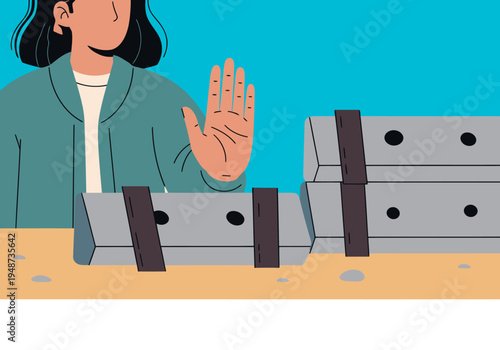 A woman emphatically rejects a stack of boxes with a stop gesture. Modern illustration style. Clean, graphic design.