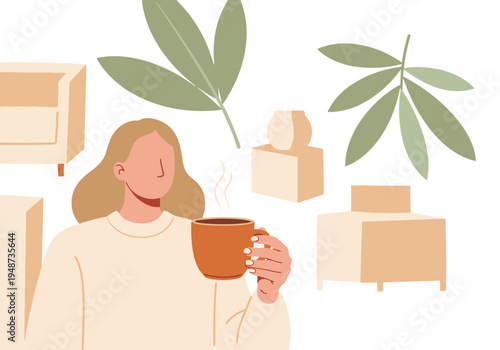 A woman enjoys a coffee break in a stylish home office, promoting sustainable working. Relaxed and focused, she takes a moment to recharge.