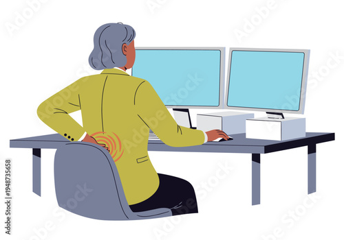 A woman experiences back pain while working at dual monitors. Illustrative style, highlighting ergonomic issues in an office setting. Focus on posture and discomfort.