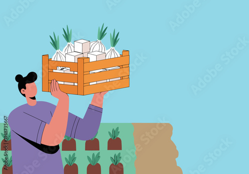 A farmer carries a crate of harvested onions, showcasing fresh produce.  Bright colors and a rural setting create a vibrant, appealing image for food and agriculture themes.