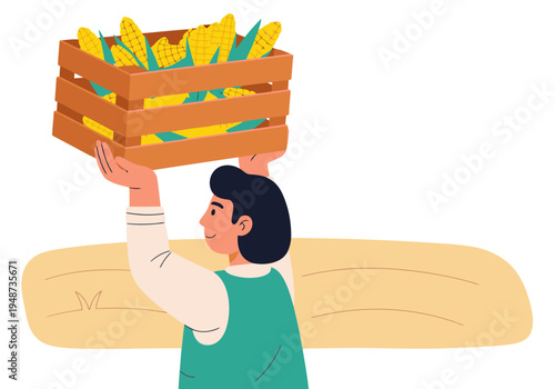 A farmer harvests corn, carrying a crate on his shoulder. Rustic, warm tones and a rural setting create a charming, wholesome image.