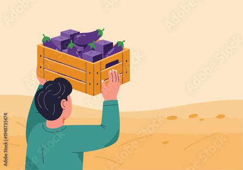 A farmer harvests eggplant violets from a wooden crate, showcasing fresh produce and rural labor.  Bright colors and a clear composition.