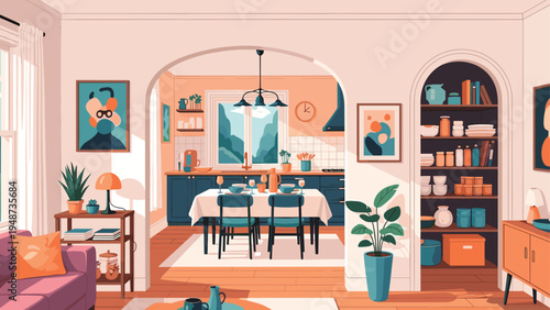 Cozy pixel art apartment interior features a dining area, a modern kitchen, a living room, and a well organized pantry.