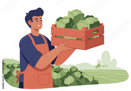 A smiling farmer harvests green cabbage, carrying a crate in a rural setting. Vibrant colors and a clear composition make this image ideal for commercial use.