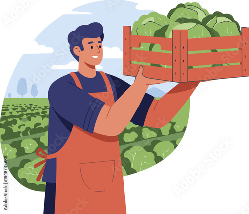 A smiling farmer harvests green cabbage in a wooden crate, set against a rural farm backdrop. Vibrant and inviting, perfect for agricultural or lifestyle themes.